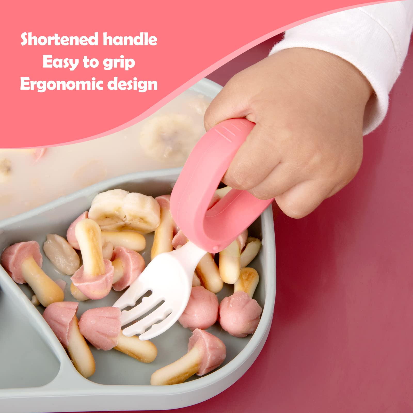 HIWOOD Baby Self Feeding Training Spoon and Fork Set with Travel Case, BPA-Free Cute Circle Toddler Training Utensils, Silicone/