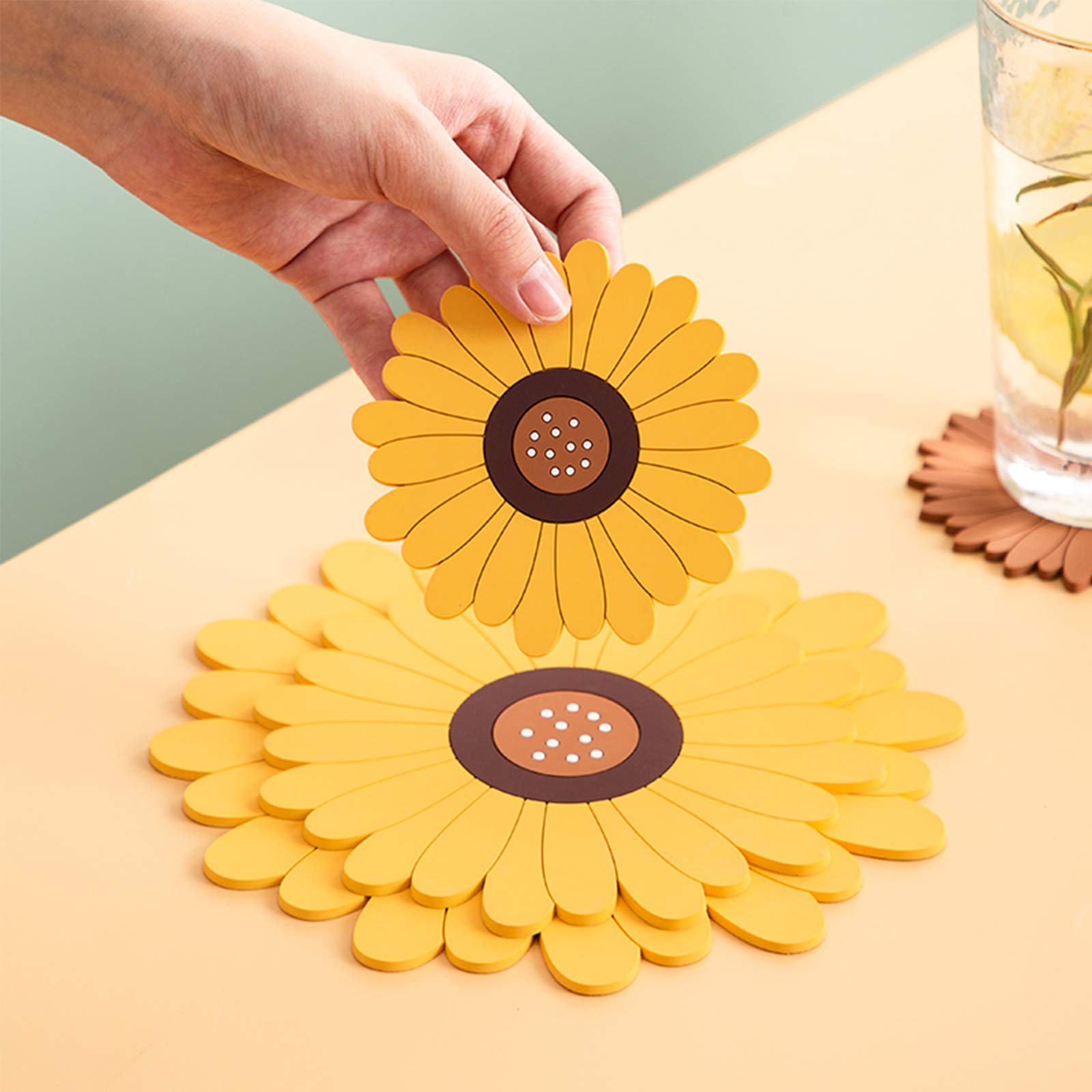 Sunflower Drink Coasters 2 Pack, Silicone Coasters For Drinks, Flower Soft Rubber Coaster, Protect Furniture From Water Marks Or