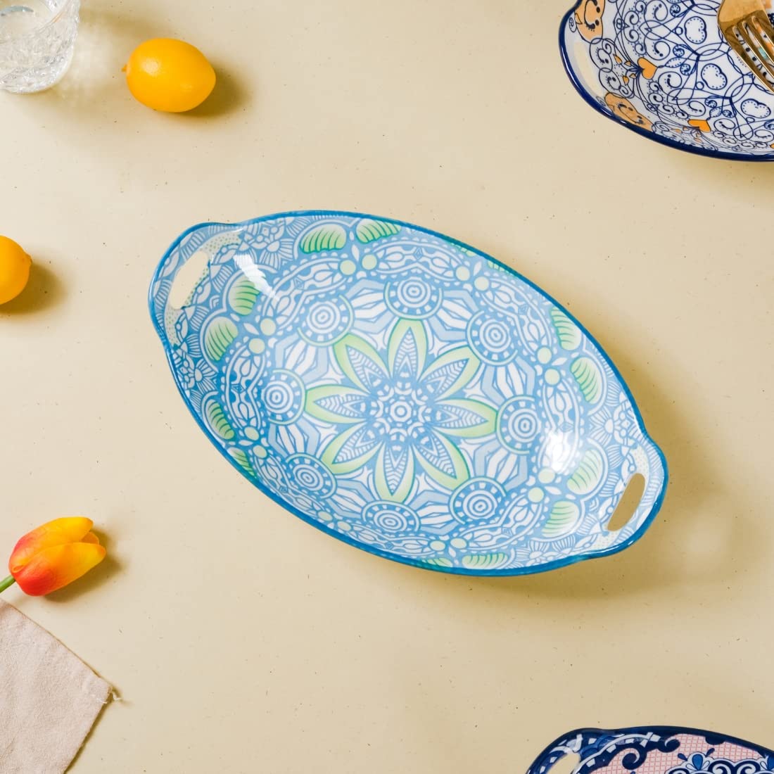 Nestasia Blue and Green Mandala Ceramic Long Dish with Handles for Serving Snacks, Appetizers, Salads, and Noodles| Microwave Sa