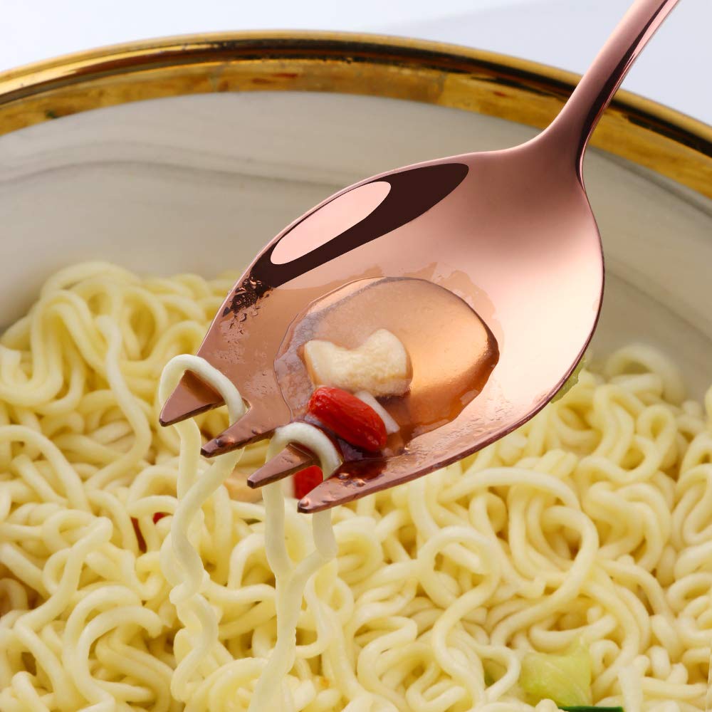 Buyer Star Rose Gold Sporks 2 In 1 Spoons Forks 5 Pieces Stainless Steel Reusable Metal Korean Soup Dinner Spoons Camping Flatwa
