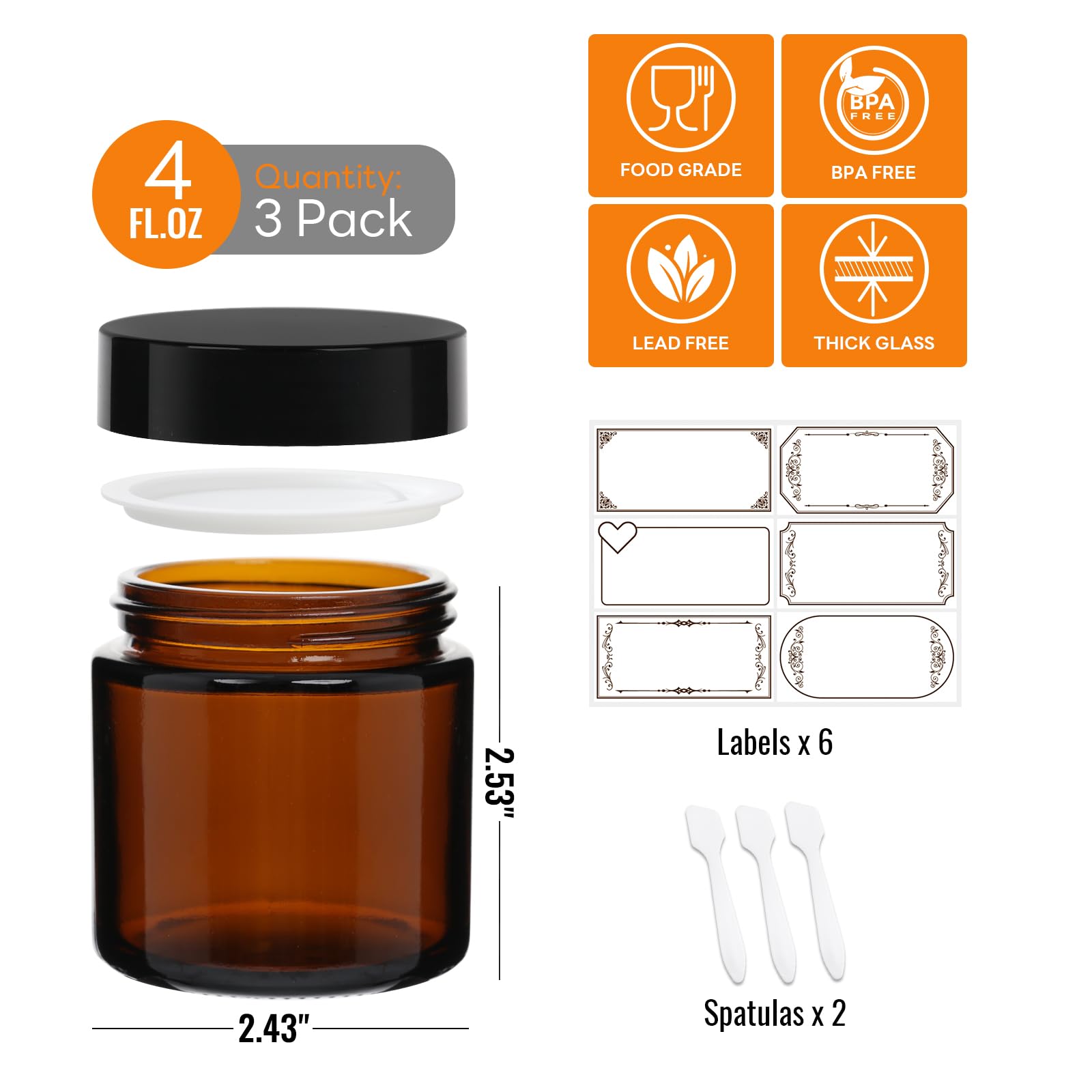3 Pack 4 Oz Amber Glass Jars With Lids, Cosmetic Jars With Inner Liners And Black Lids, Lotion Jars, Candle Making Jars For Loti