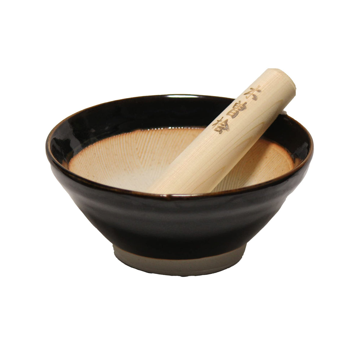 Made In Japan Ripple Ridge Mortar And Pestle Suribachi And Surikogi Set Small 5.91 Inches For Both Right And Left Handed Black A