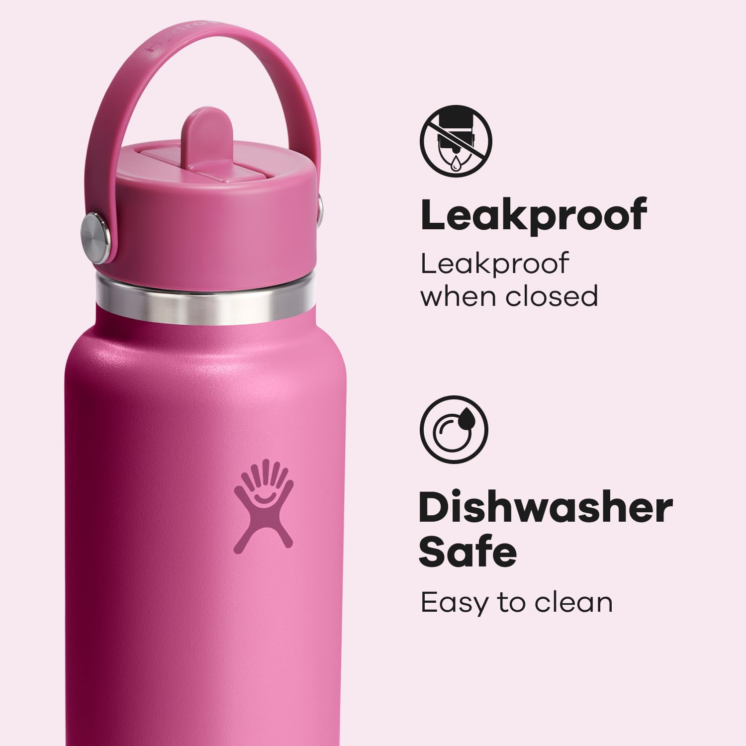 Hydro Flask Water Bottle - Insulated Stainless Steel - Wide Mouth Flex Straw Lid, Non Spill, Leakproof and Refillable in 32 Oz R