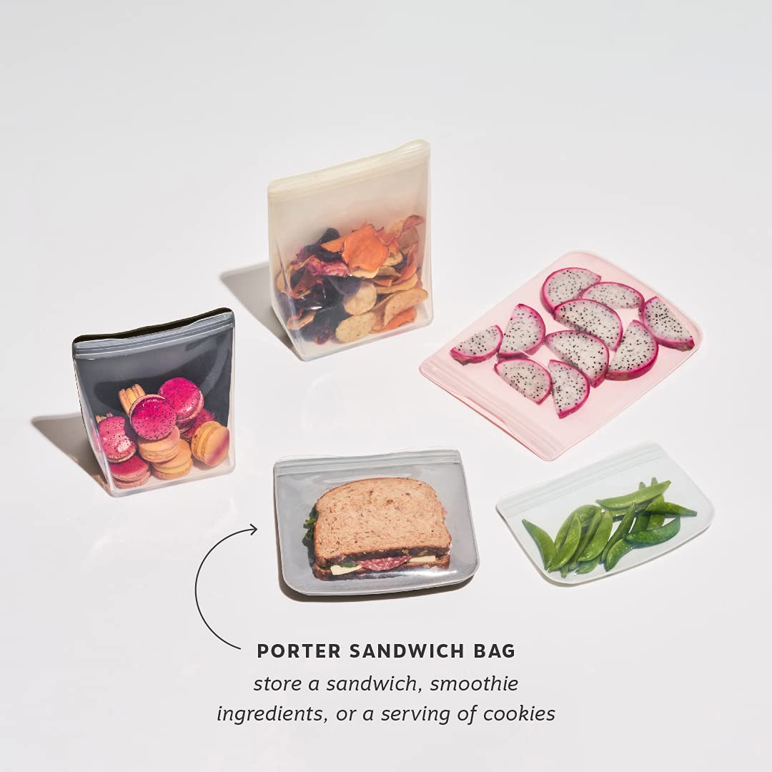 W&P Porter Silicone Reusable Storage Bag, Sandwich (34Oz Flat), Slate, Food Storage Container, Microwave And Dishwasher Safe, Ea