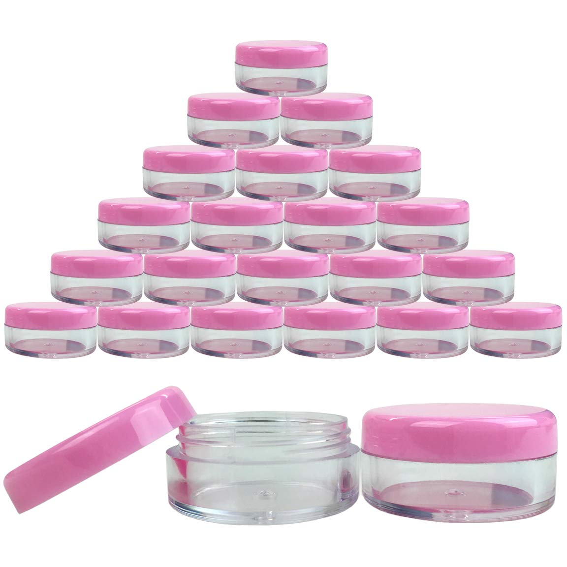 Beauticom (Quantity: 25 Pcs) 5G/5Ml Round Clear Jars With Pink Lids For Lotion, Creams, Toners, Lip Balms, Makeup Samples