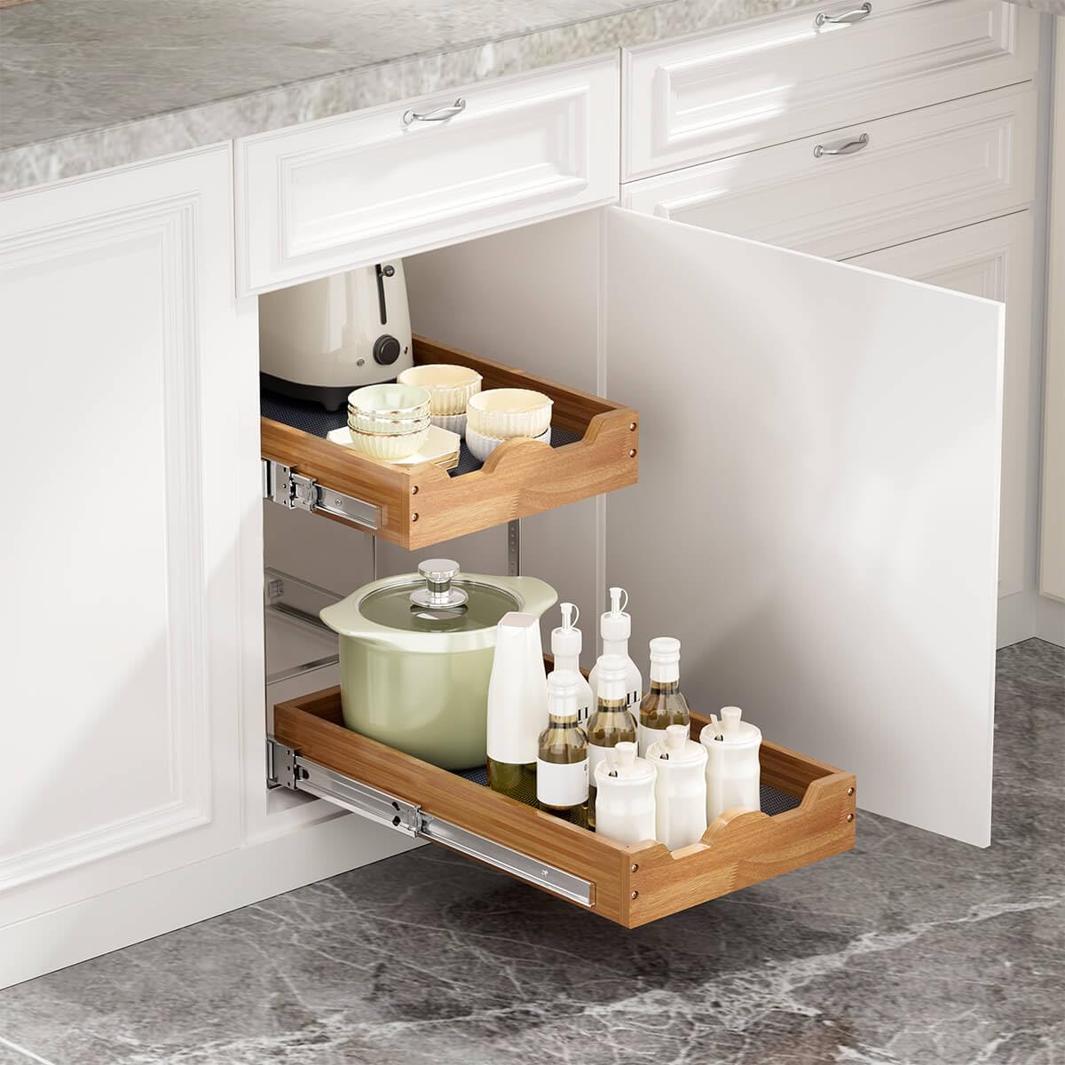 Ocg Pull Out Drawers For Cabinets 14''W X 21''D, 2 Tier Heavy-Duty Slide Out Wood Drawer Shelf, Pull Out Drawer For Cabinets, Ba