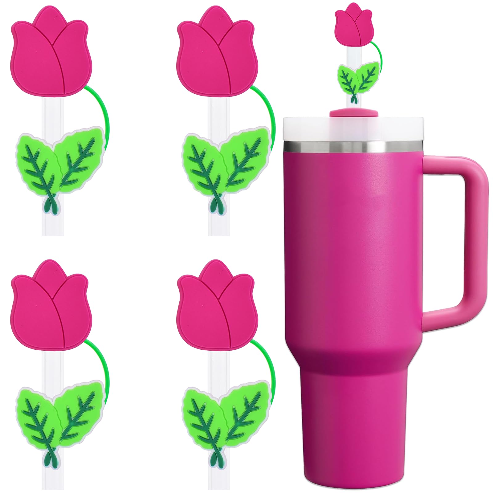 Amreich Tulip Flower Straw Covers, 4 Pcs Fuchisa Straw Cover Cap Compatible With 30 40 Oz Tumblers, Silicone Straw Toppers For P