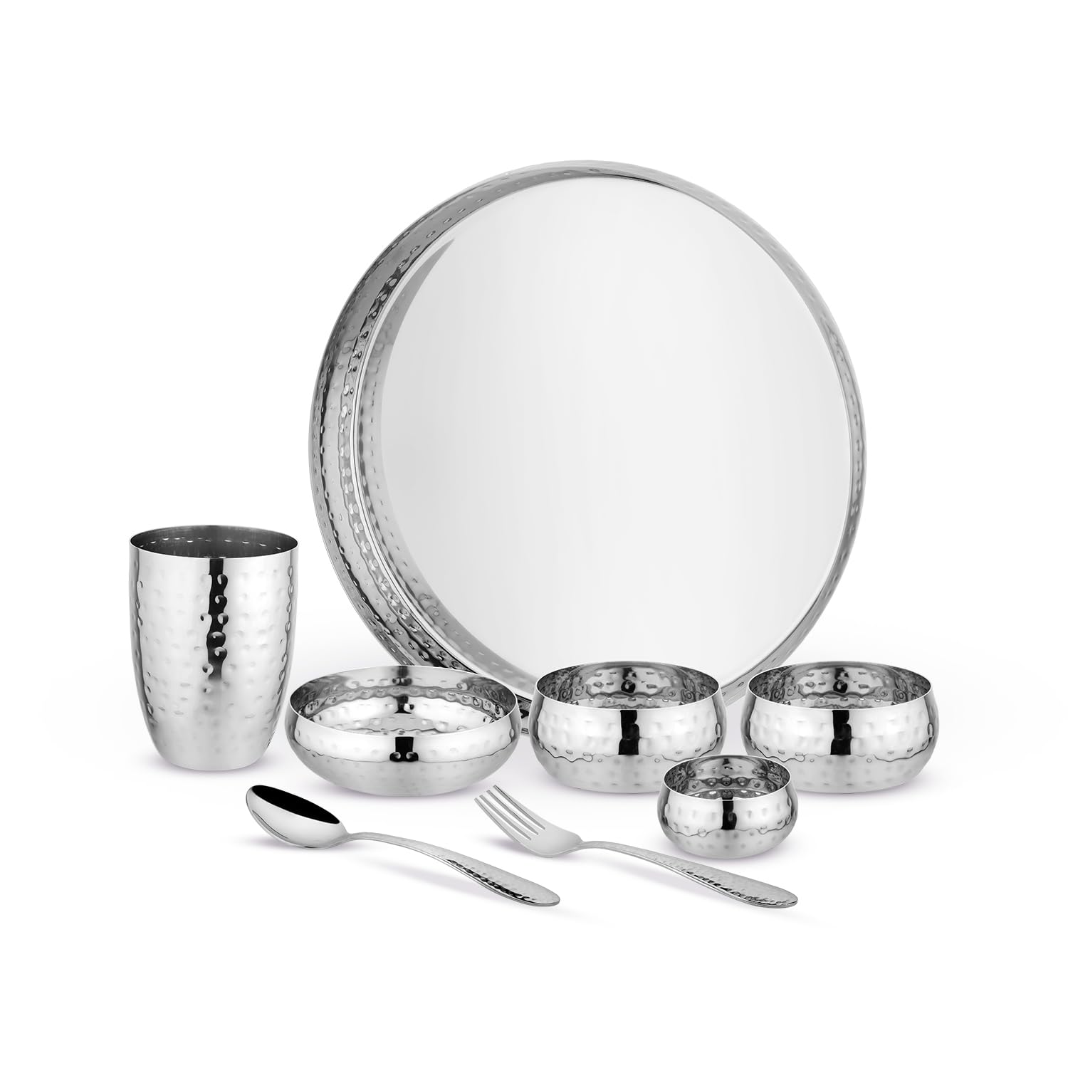 Rajwada Stainless Steel Hammered Thali Set 8 Pcs Set (Silver Hammered) | Or | Kanak Masala Box/Spice Box/Storage/Organiser For 