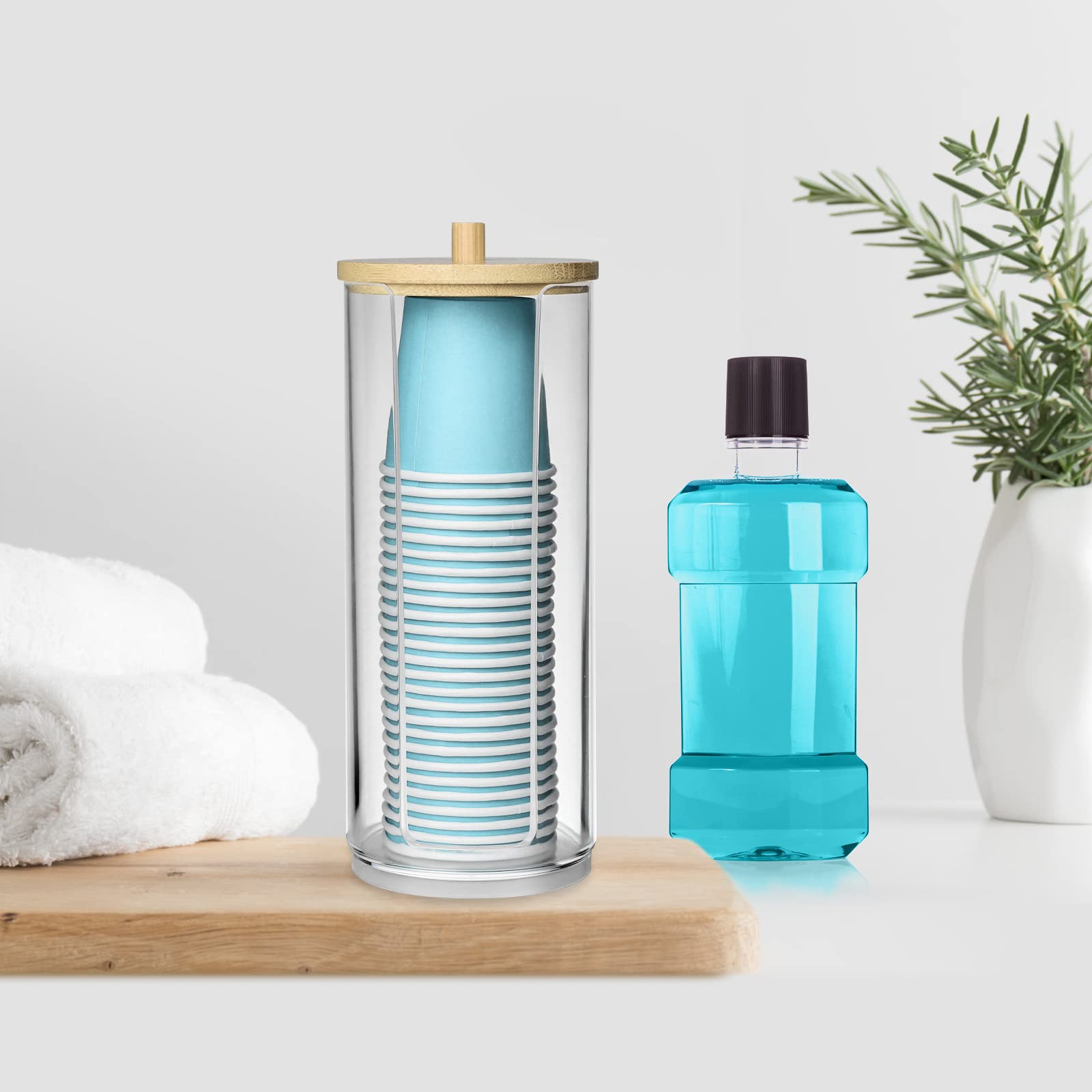 Iwntwy Bathroom Cup Dispenser, Mouthwash Cups Holder Fit 3Oz Disposable Paper Cup, Clear Acrylic Canister Cotton Round Pad Holde