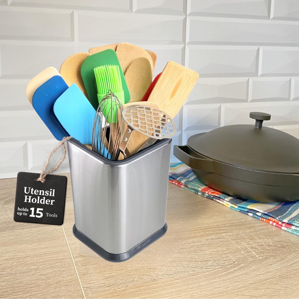 Evelots Stainless Steel Kitchen Utensil Holder For Countertop, 6.75 Inch Tall Cooking Utensil Crock Can Store Up To 15 Big Utens