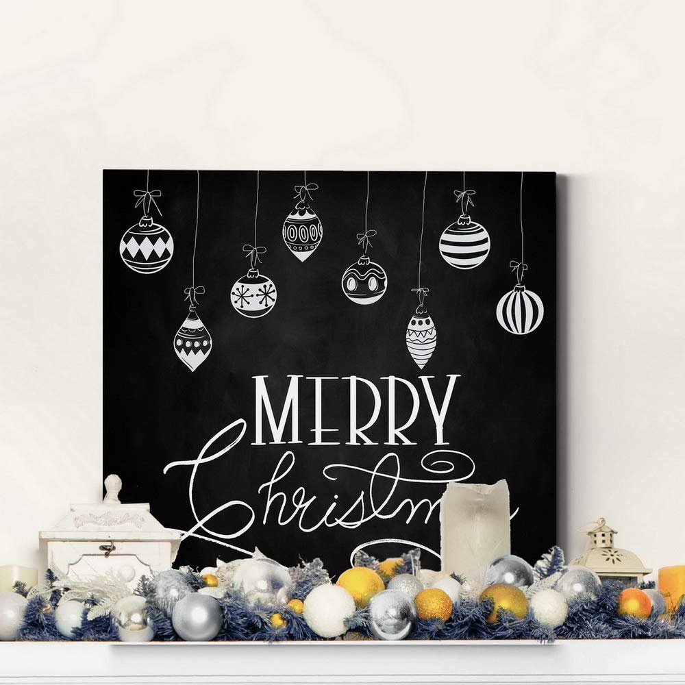 Renditions Gallery Merry Christmas Ornaments Wall Art, Charming Winter Artwork, Black & White Chalkboard Look, Premium Gallery W