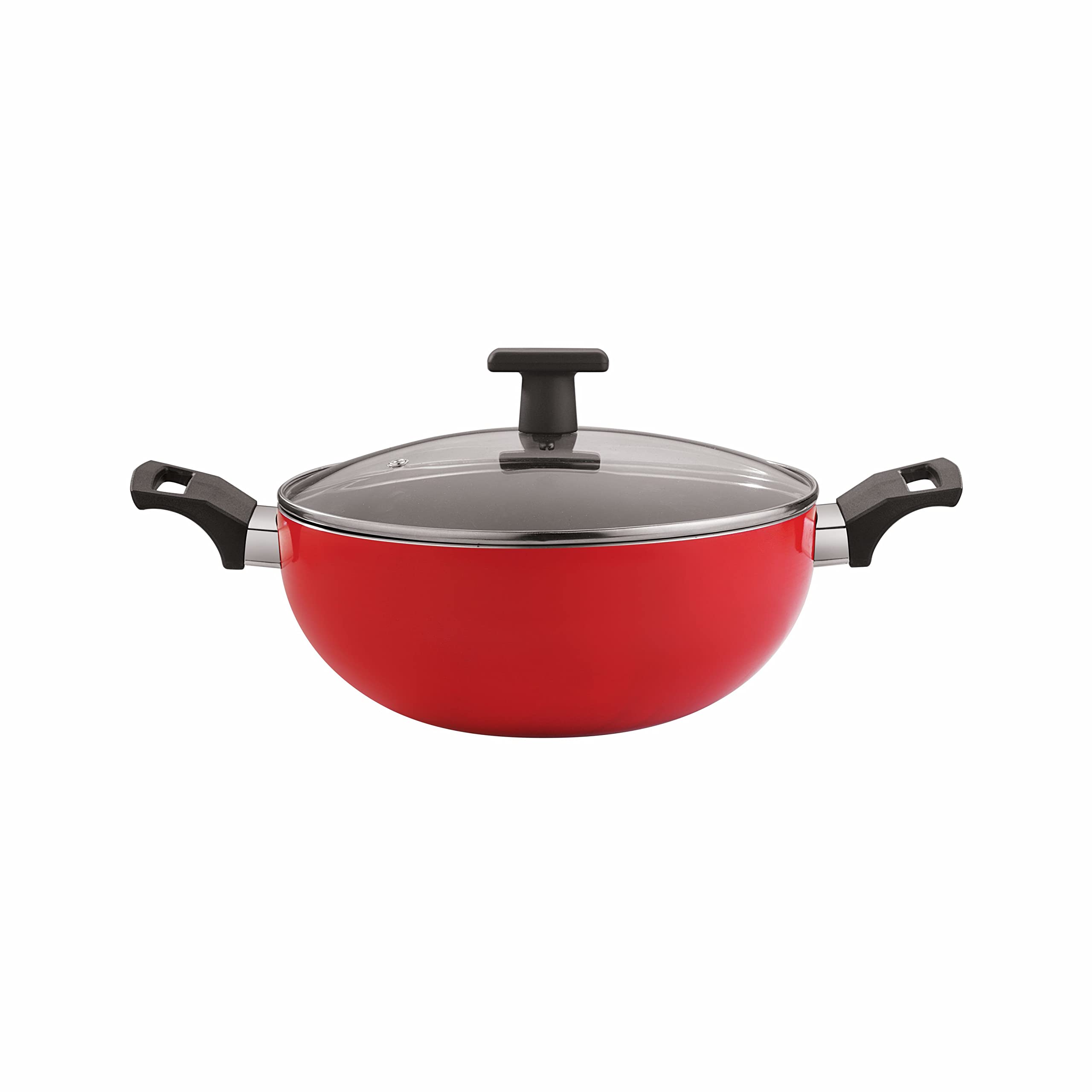 Home Puff Neelam NonStick Kadai With Glass Lid, 26 Cm, 3.7 Liters (4 Coated) Induction Friendly, Red