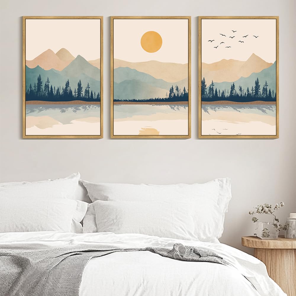 Kuvioke Mountain Landscape Framed Canvas Wall Art Watercolor Nature Laker Painting Sun Rises Boho Farmhouse Rustic Room Decor Fo