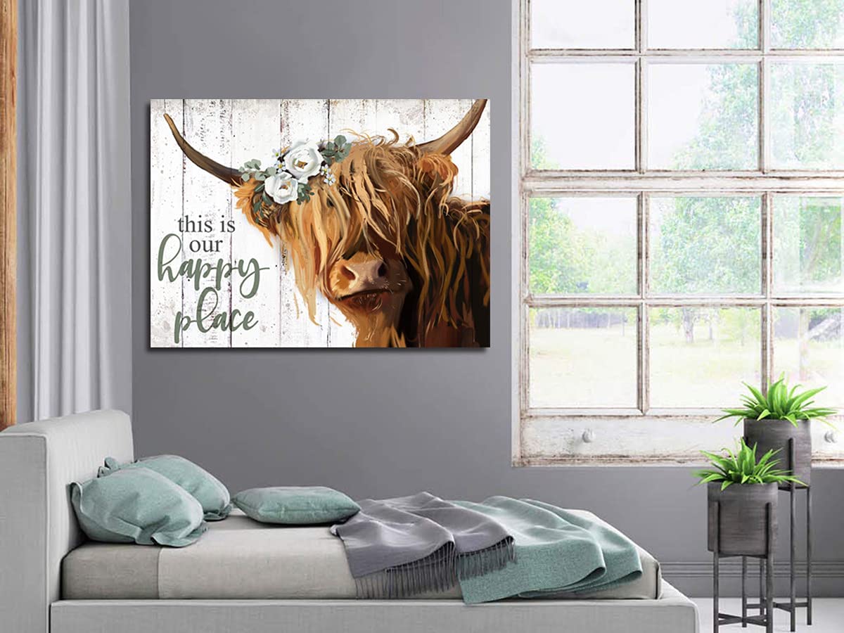 Ypy Highland Cow Wall Art - This Is Our Happy Place Inspirational Canvas Poster For Home - Long Haired Scottish Cow With White F