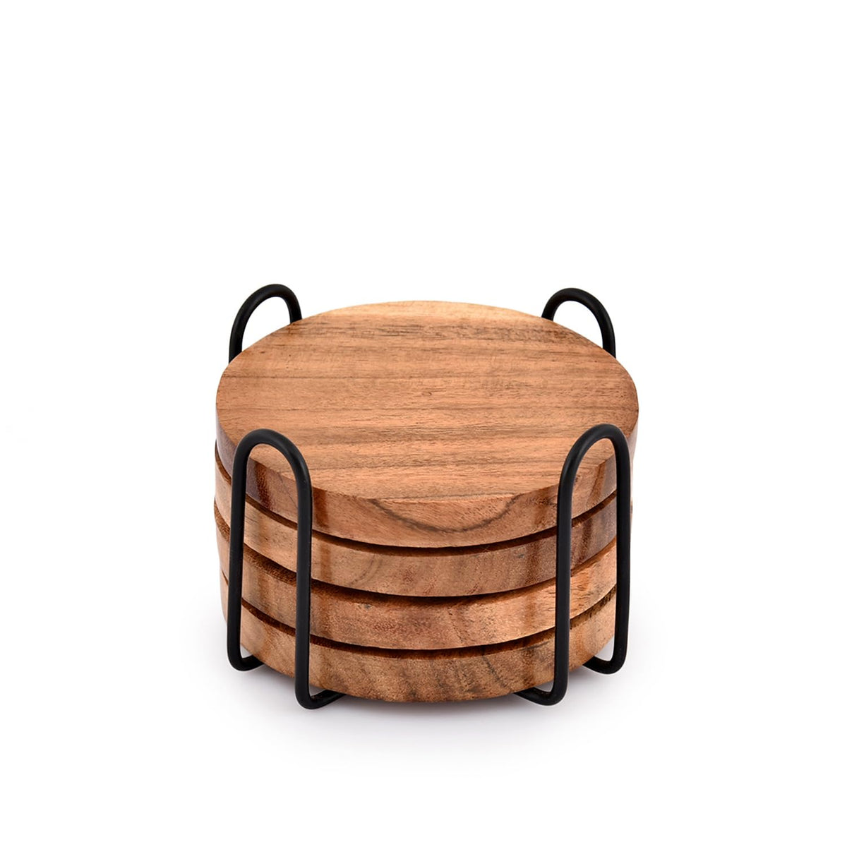 Edhas Acacia Wood Coasters For Drinks With Iron Holder Stand For Coffee Table, Tabletop Protection Decor, Set Of 4