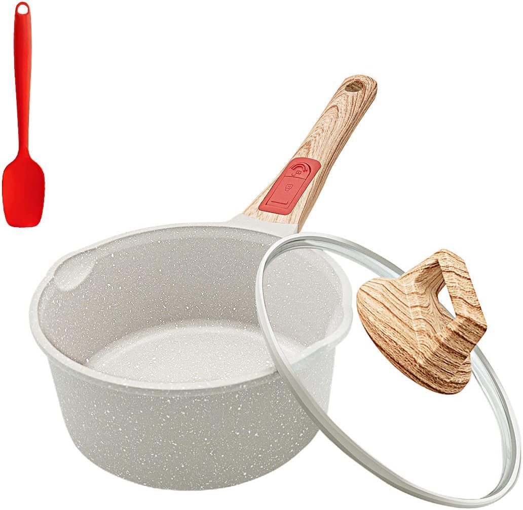 2 Qt Nonstick Saucepan with Lid, Sauce Pot with Pour Spout, White