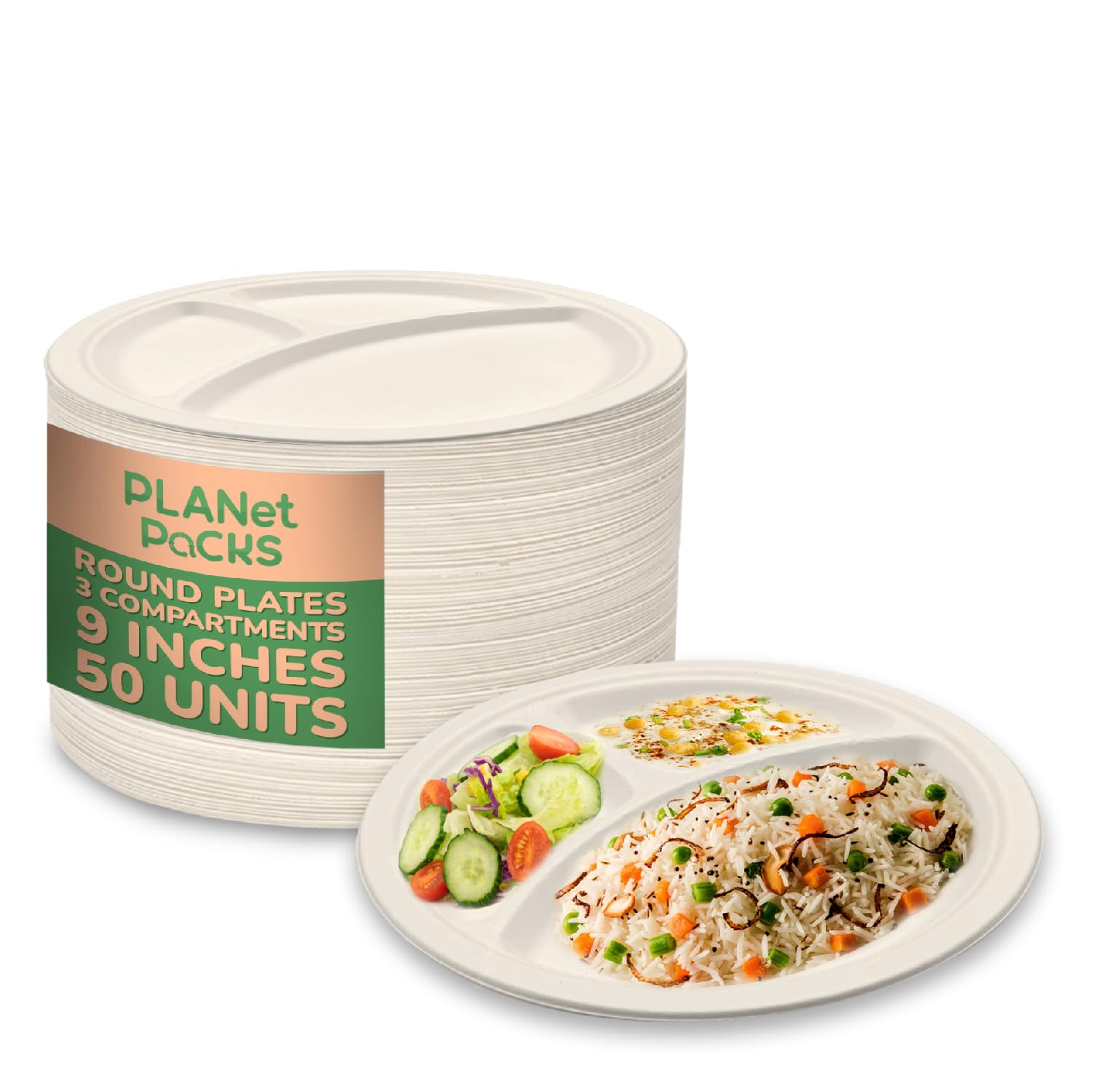 Planet Packs 9Inch 3Compartment Biodegradable Bagasse Round Plates | EcoFriendly PlasticFree And Sustainable | Ideal For Sna