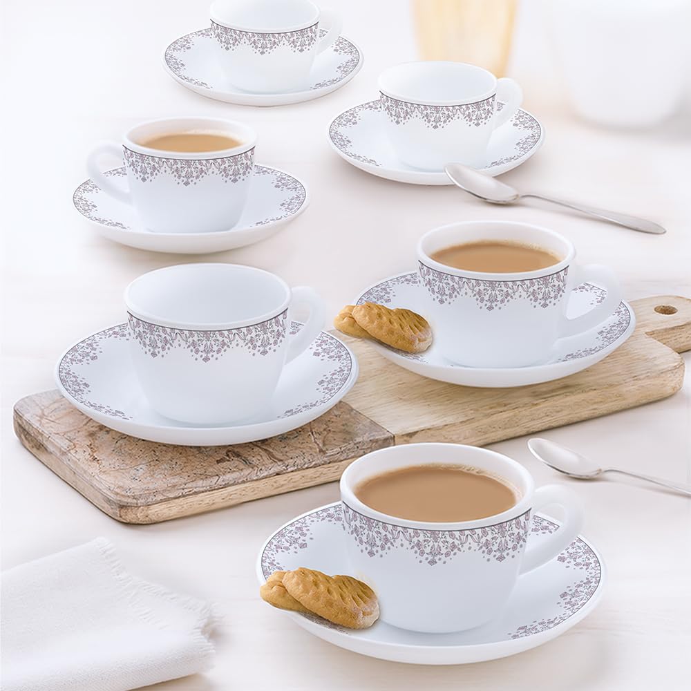 Larah By Borosil Lark Opalware Cup And Saucer Set Of 12 Pcs | Tea/Coffee Cups 90 Ml | Microwave & Dishwasher Safe | BoneAsh Fre