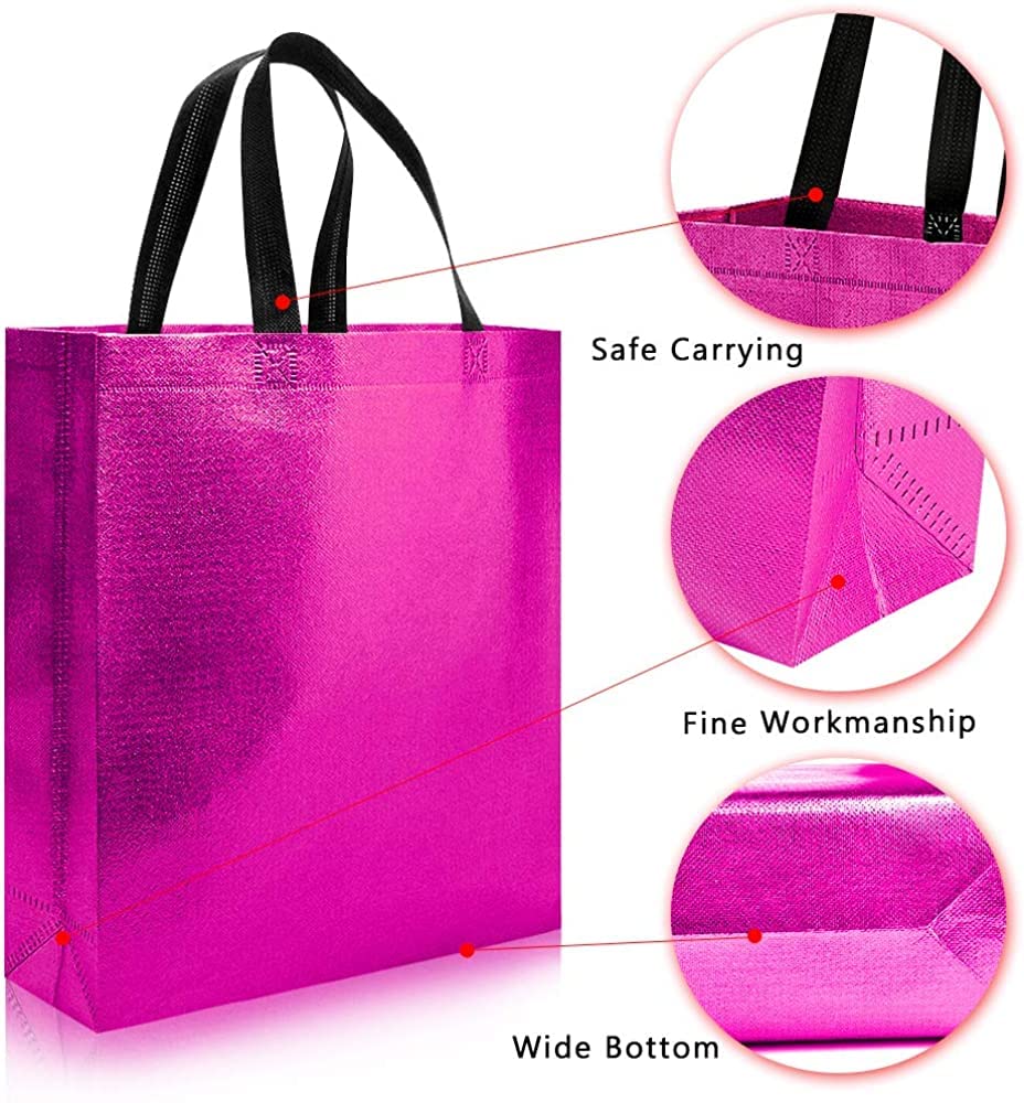 Drapme Medium Size Pack Of 10 Pcs Glossy Metallic Laminated Non-Woven Reusable Eco-Friendly Party Return Gift Bags (Hot Pink) (M