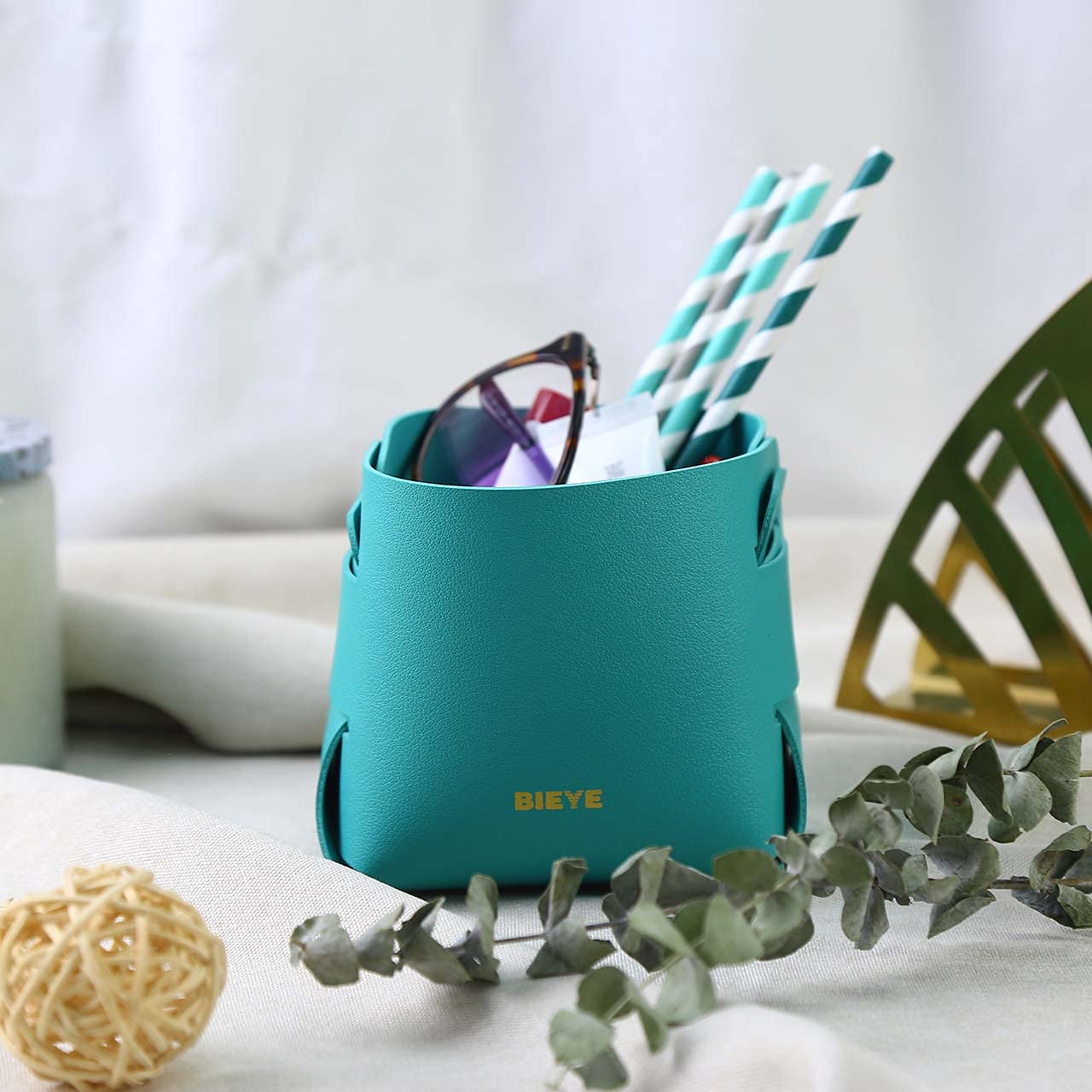Bieye LSB002 Collapsible Leather Storage Bin Decorative Desk Organizer for Jewelry Makeup Pen Pencil Glasses Remote Controller Storage (Turquoise  4WX4LX4H)