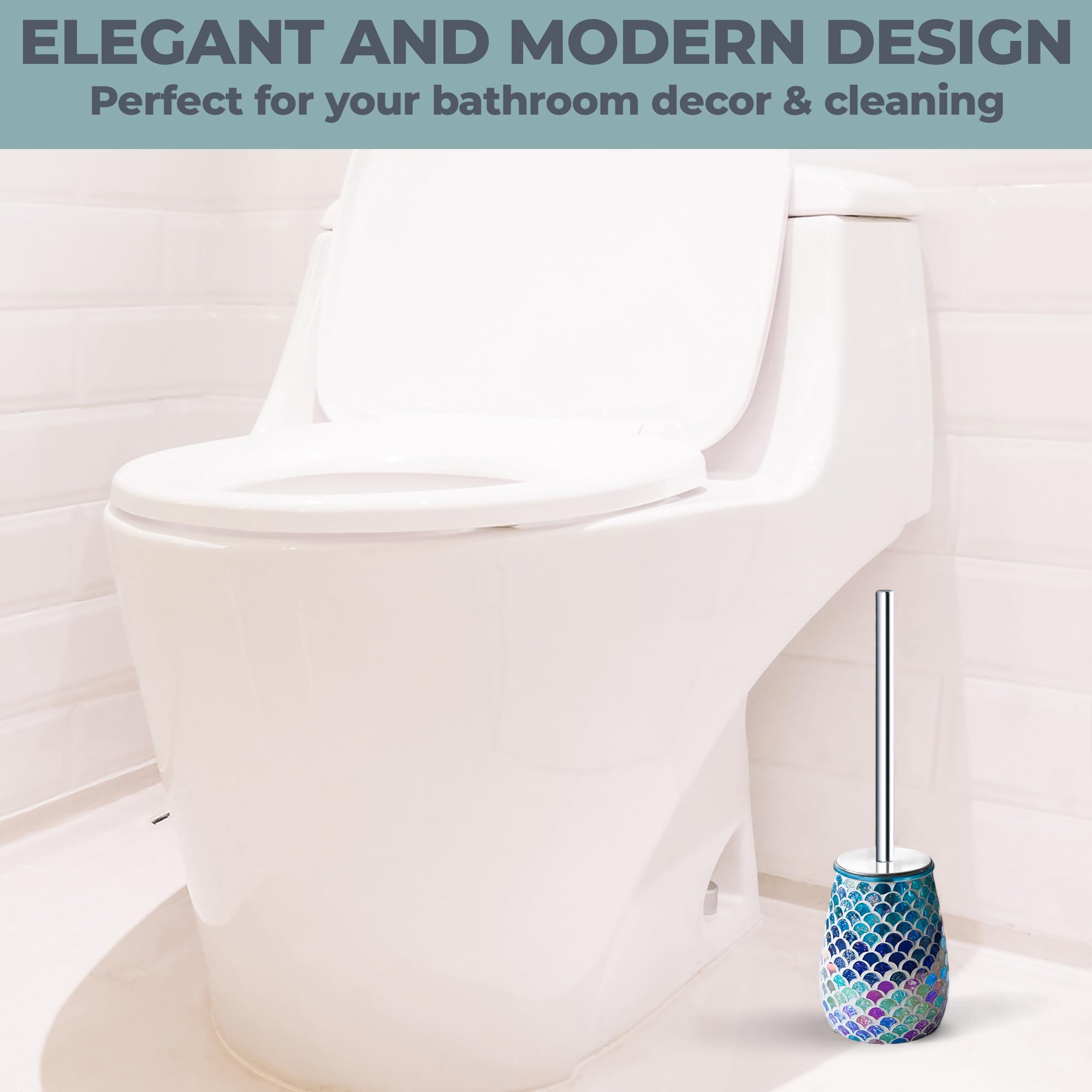 Escenzy Mermaid Bathroom Toilet Brush And Holder Set Mosaic Glass | Non-Rustic Stainless Steel | Practical & Decorative Toilet B