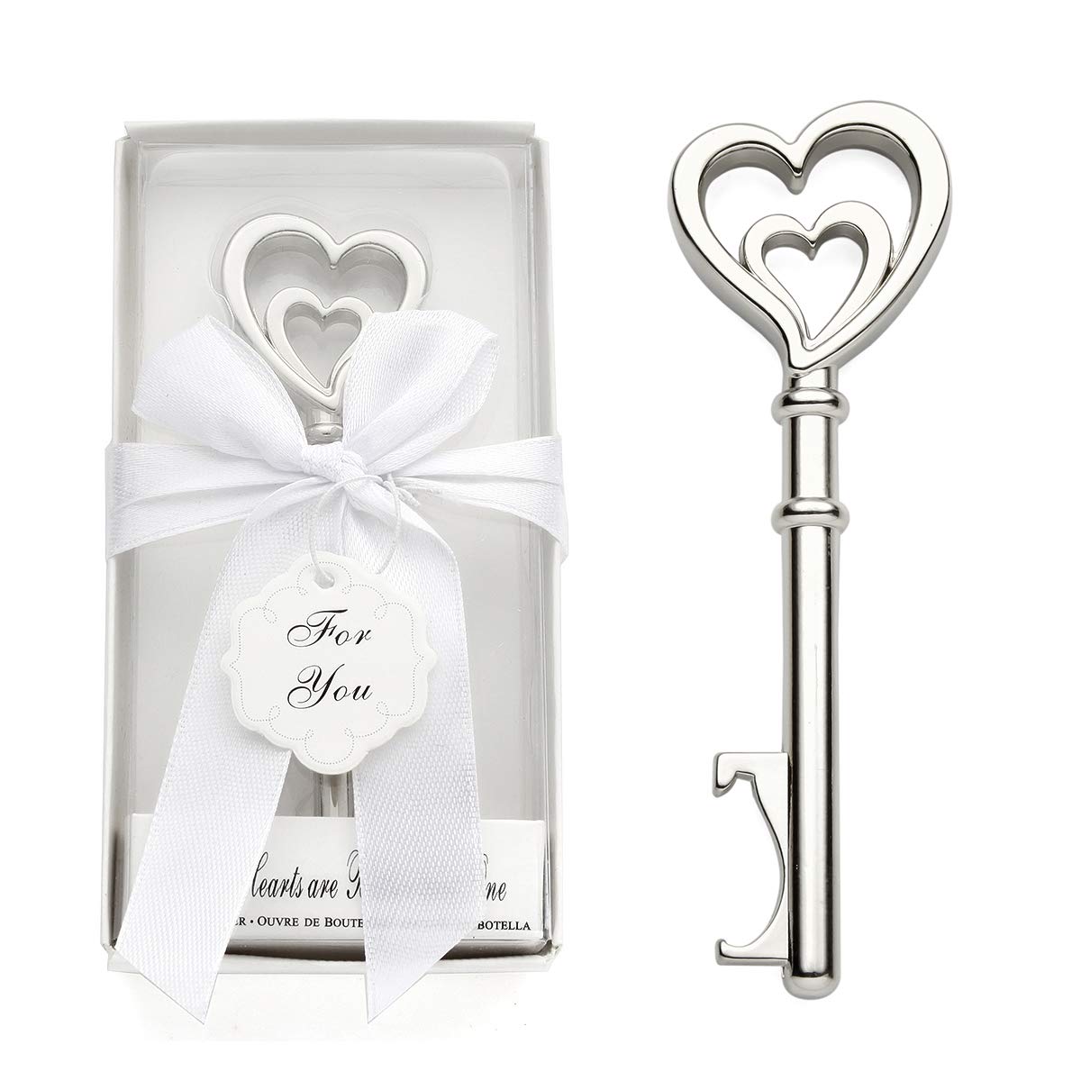 10 Double Heart Silver Metal Bottle Opener Favors