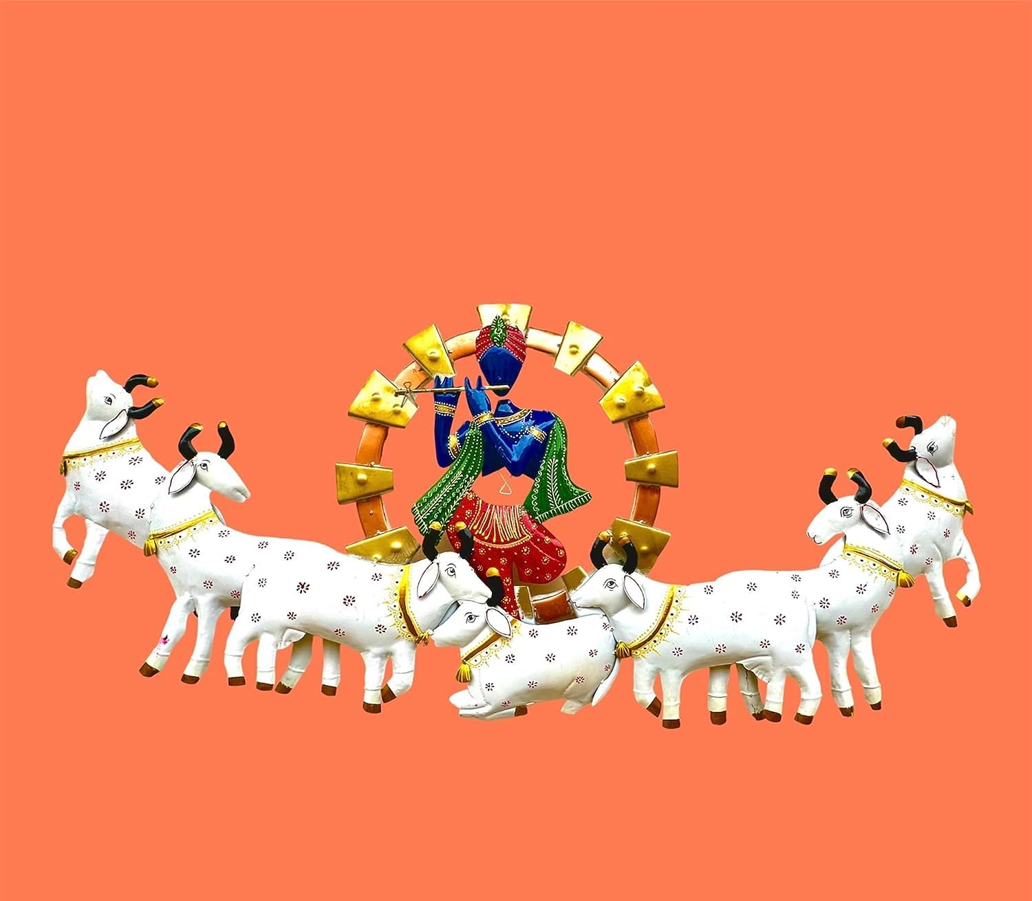 Metal Krishna Playing Basuri With Cow Wall Hanging For Home Decoration, Wall Sculpture For Living Room, Wall Hanging Decorative