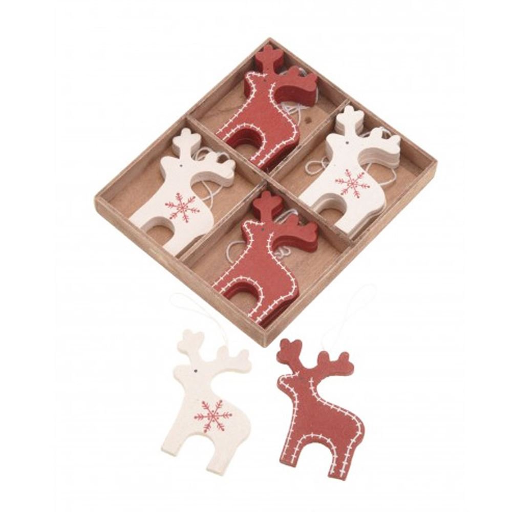 Luck and Luck Christmas Reindeer Decorations x 12 Wooden Red & Cream Deer-Nordic Scandinavian Style
