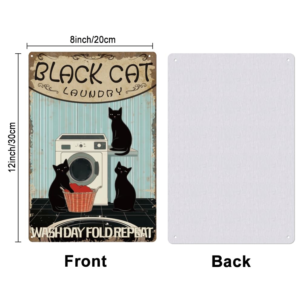 SUPERDANT Black Cat Metal Tin Sign Vintage Laundry Room Sign Washday Fold Retro Metal Poster Art Tin Sign Black Cat Washroom Dec
