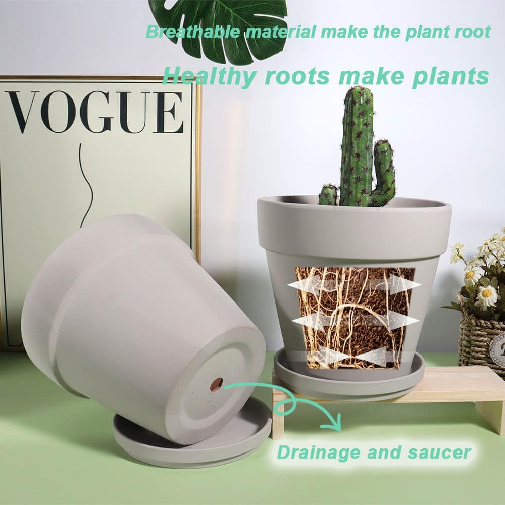 Vensovo 6 Inch Gray Terracotta Pot For Plant With Drainage - 4 Pack Large Terra Cotta Plant Pot With Drainage And Saucer, Flower