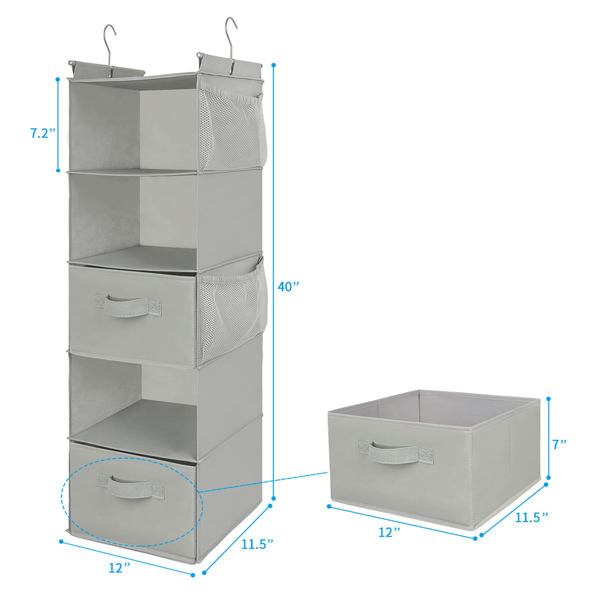 Max Houser 5 Tier Shelf Hanging Closet Organizer, Cloth Hanging Shelf With 2 Sturdy Hooks For Storage, Foldable (Light Grey-D2)