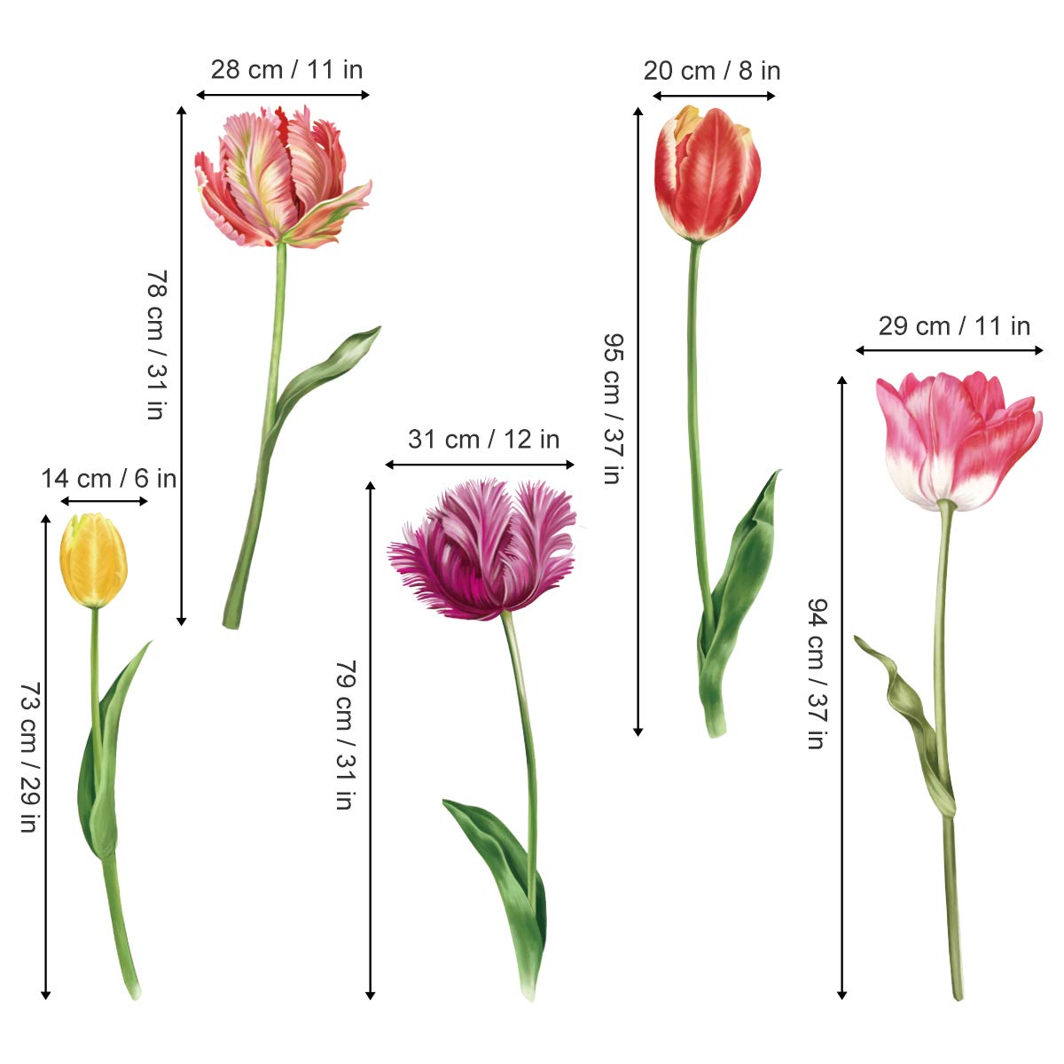 Decalmile 5 Large Tulip Flowers Wall Decals Garden Floral Wall Art Stickers Bedroom Living Room Home Decor Gifts For Mom(H: 37 I