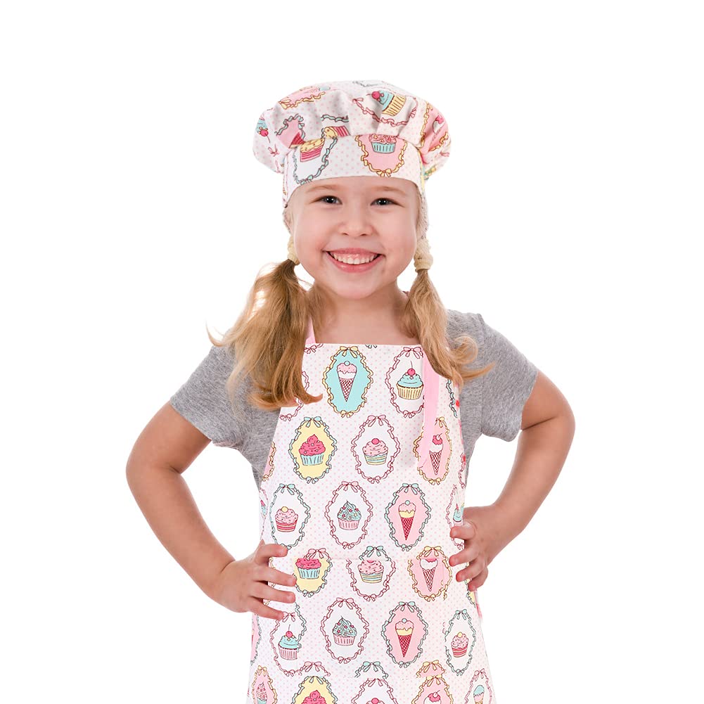 Crjhns Kids Apron And Chef Hat Set, Adjustable Cotton Child Aprons With Large Pocket Cute Girls Boys Kitchen Bib Aprons For Cook