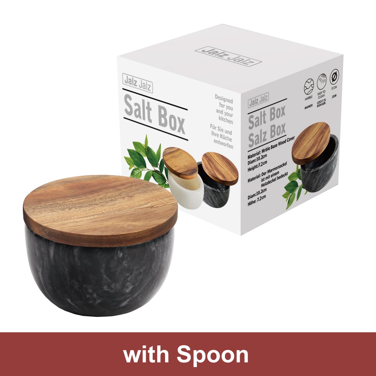 Jalz Jalz Salt Box Salt Cellar With Spoon Black Marble Base Natural Acacia Top Decorative Boxes Spice Seasonings Keeper Salt Con