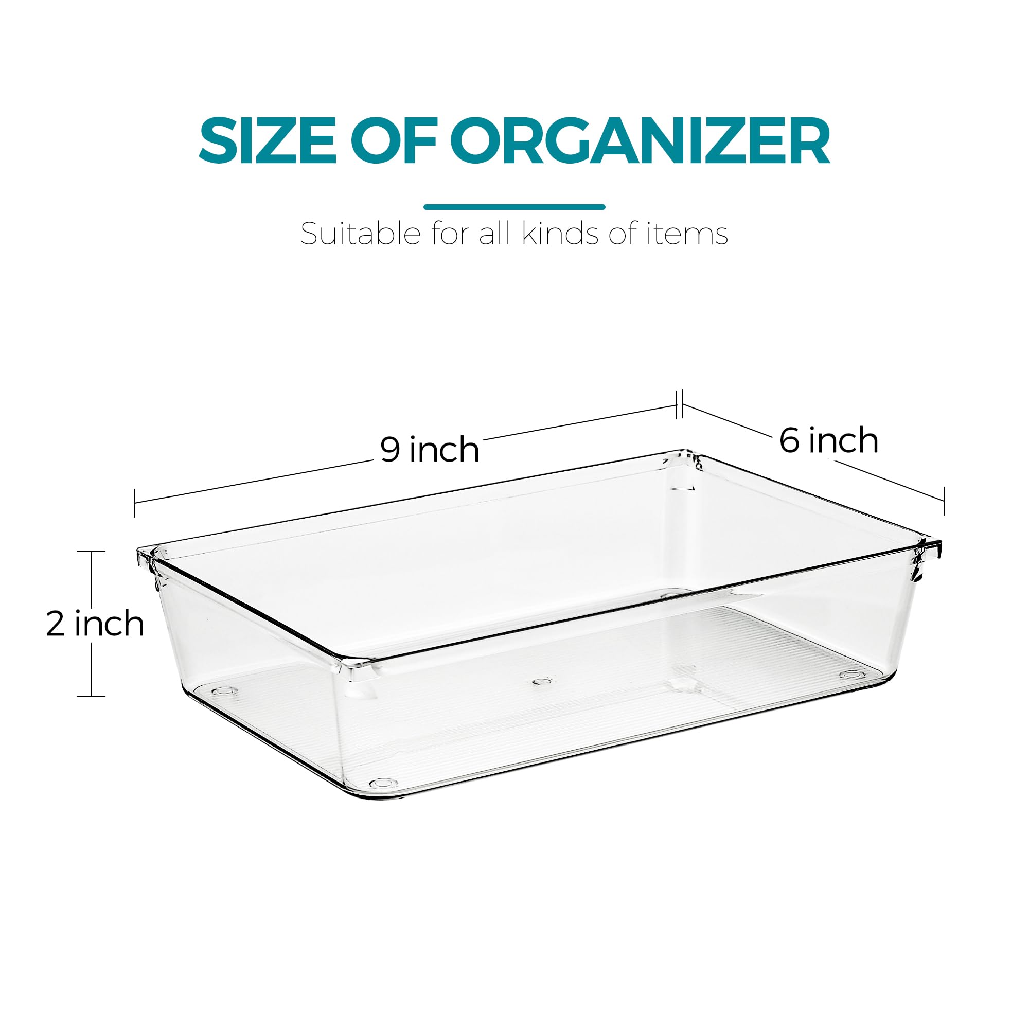 Ravinte Decor 4 Pack Drawer Organizer - 6'' X 9'' Clear Acrylic Storage Bins with Non-Slip Pads, Versatile Desk Tray for Makeup,