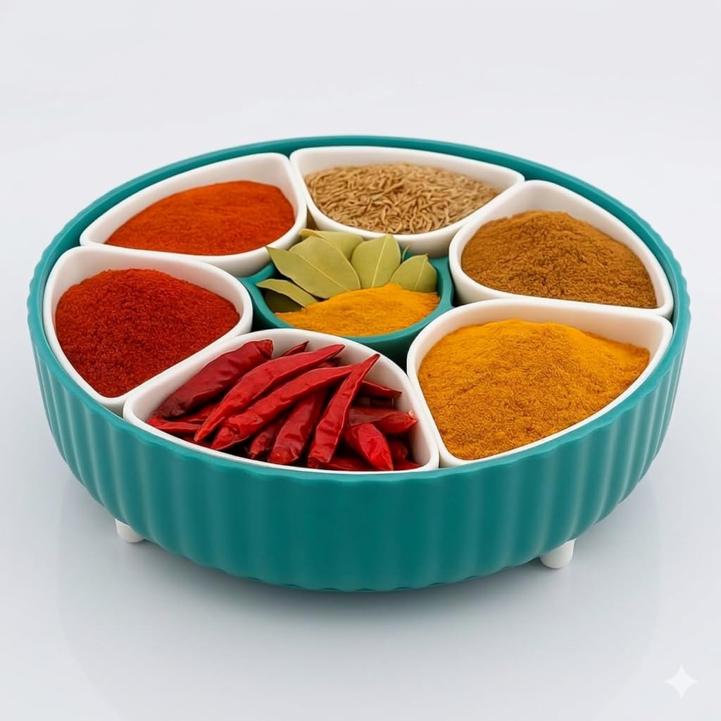 Millor 7 Compartment Masala Box For Kitchen, 360 Revolving Eligant Spice Box, Spices Storage Containers, Rangoli Dabba Box Set