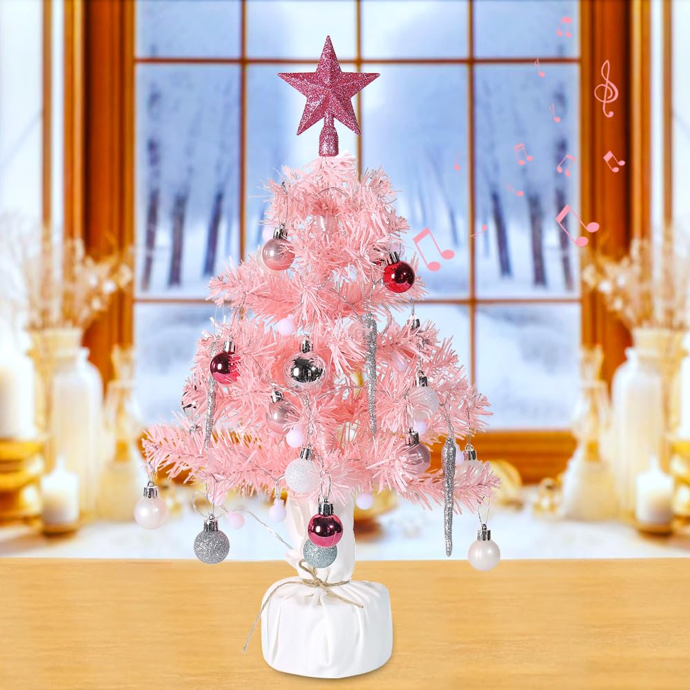 Mini Pink Christmas Tree, Small Christmas Tree with Music Tabletop Artificial Prelit Xmas Tree Christmas Decorations Indoor Outd
