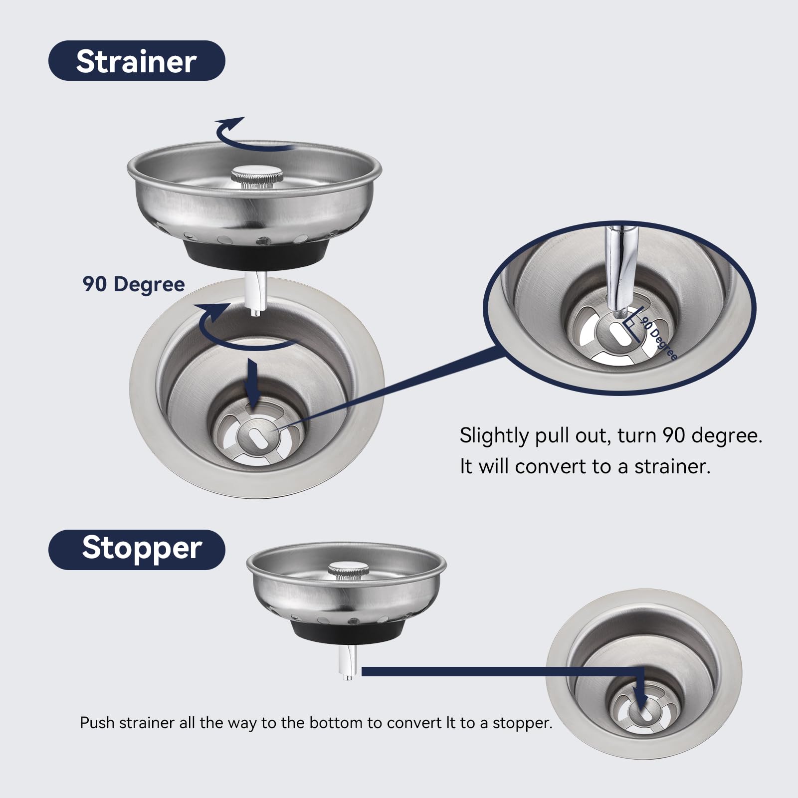 Adkadi 2 Pack Kitchen Sink Strainer And Stopper Combo - Stainless Steel Basket With Plastic Knob And Rubber Stopper Bottom, Fits