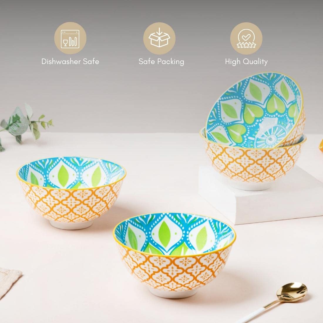 Nestasia Microwave & Dishwasher Safe Ceramic Bowl with Mandala Pattern | Set of 4 | Perfect for Snacks, Rice, Dal, Vegetables, F