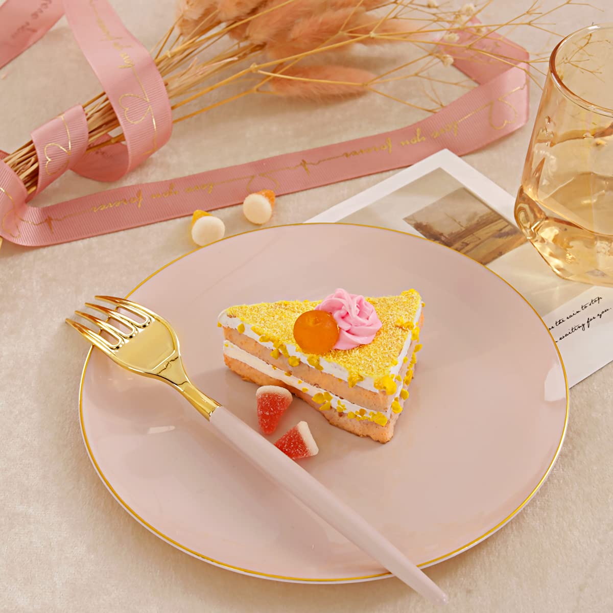 I00000 72Pcs Pink Gold Plastic Dessert Plates With 72Pcs Disposable Pink Forks, Premium Pink Appetizer Plates, Fancy Pink Salad