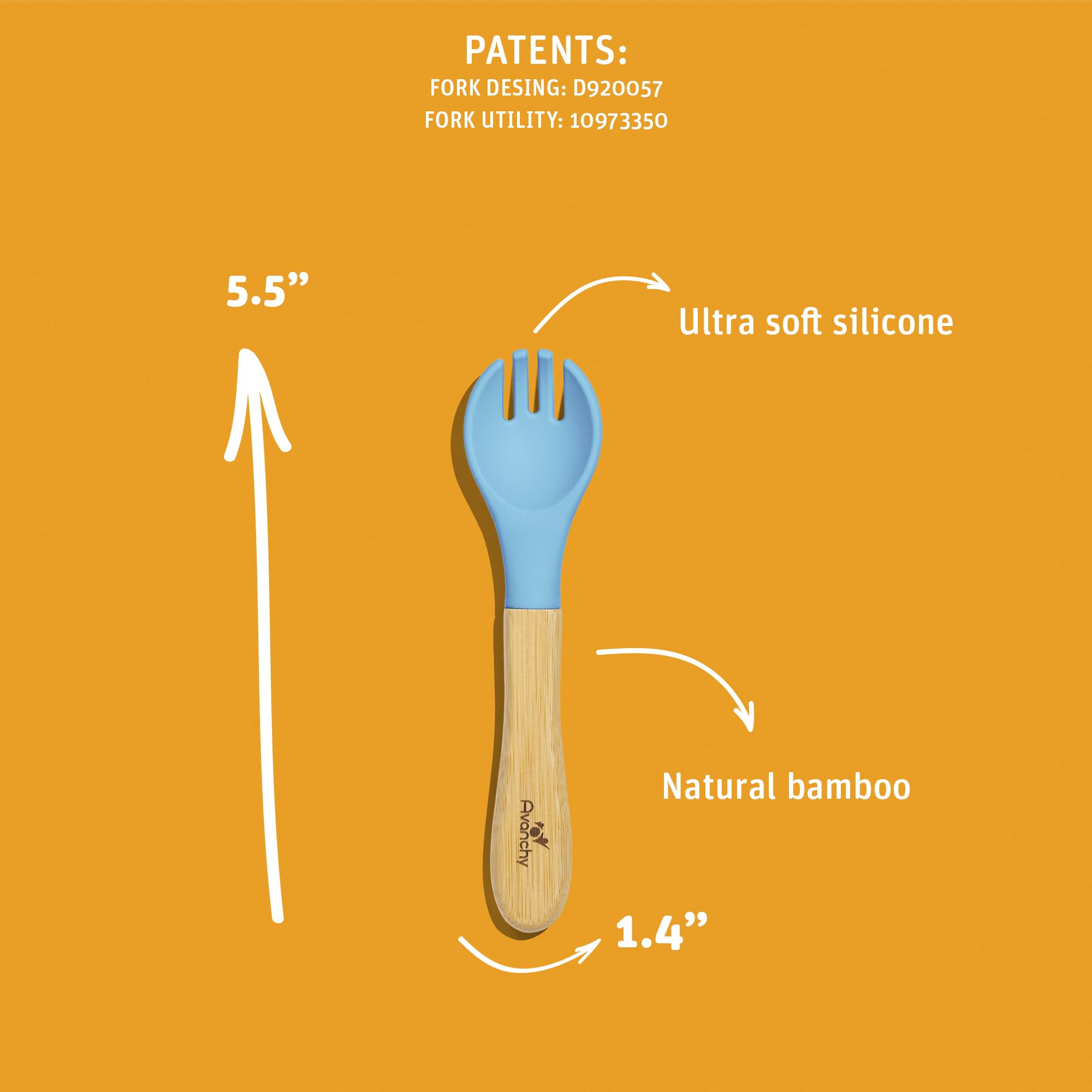 Avanchy Baby Fork Set, Bamboo and Silicone Spork Utensils, Toddler Baby Led Weaning Silverware Cutlery Flatware, Kids First Self