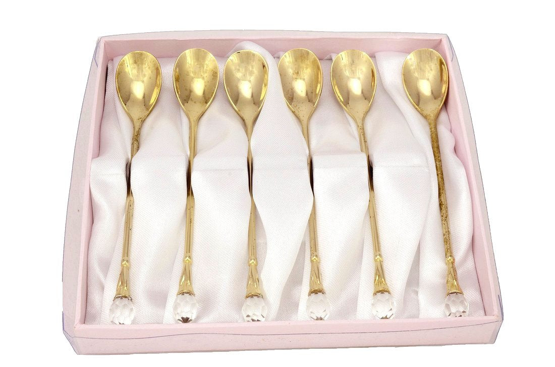 Gold Plated Flatware Tea Spoons With A Clear Crystal Jeweled Tip Set Of 6