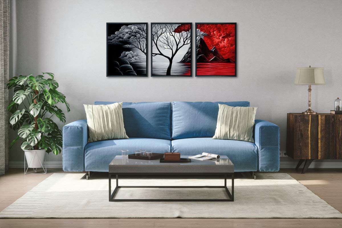 Wieco Art Framed Wall Art the Cloud Tree Wall Art HD print of Oil Paintings Landscape Canvas Prints for Home Decorations  3 Panels with Black Frames