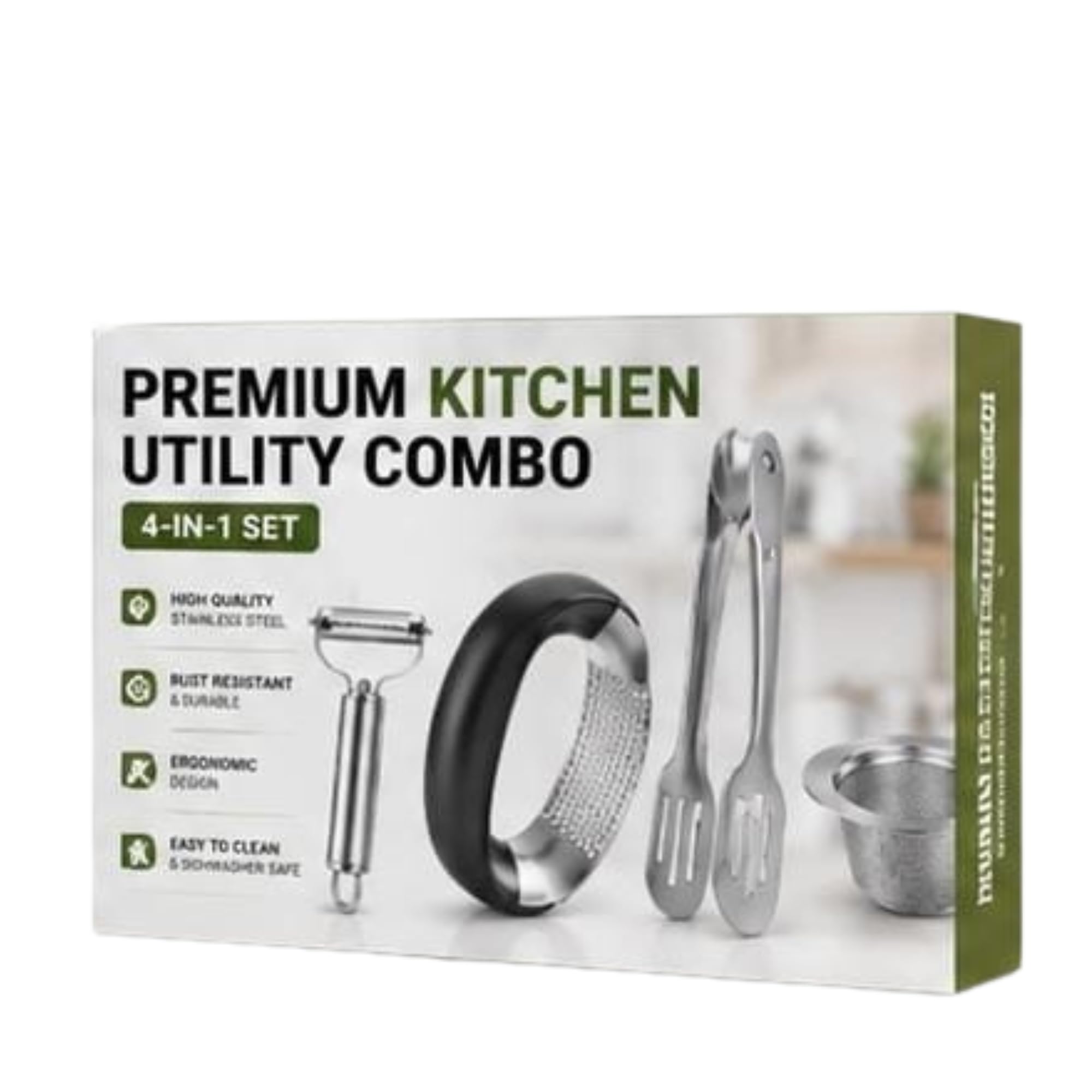 4In1 Kitchen Accessories Set | Vegetable Peeler, Garlic Masher, Stainless Steel Food Tongs & Sink Strainer | Multipurpose Kitc