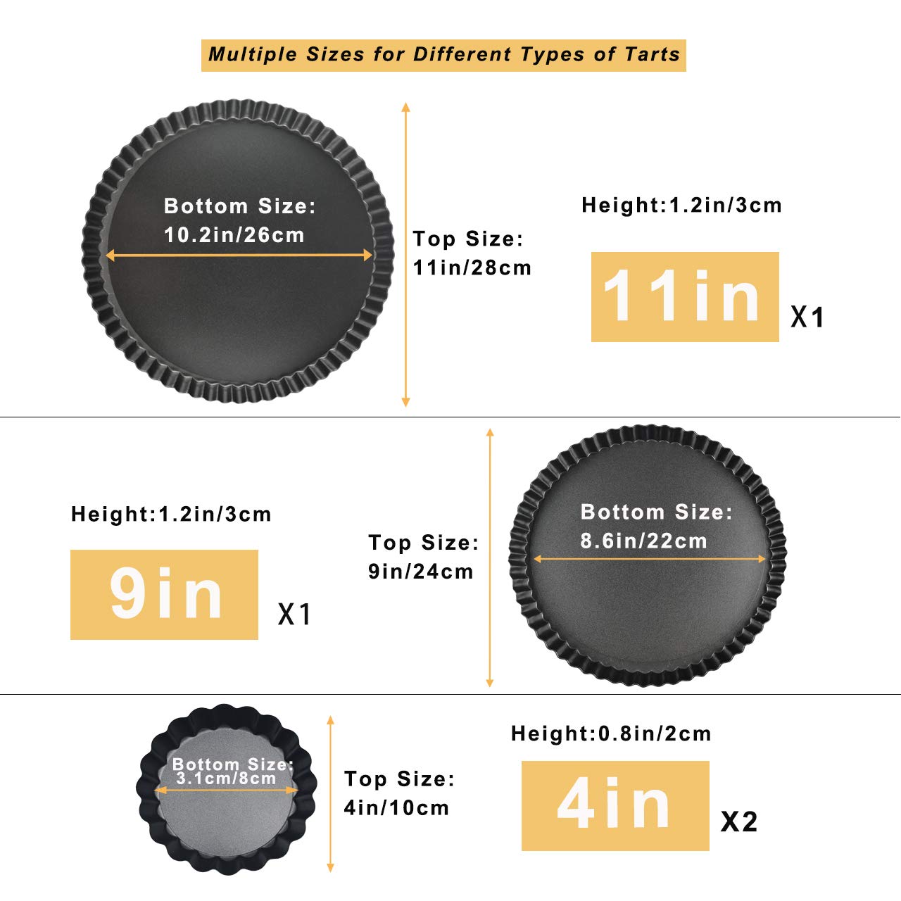Yamteck 11 Inch 9 Inch Round Tart Pans 4 Inch Mini Tart Pans With Removable Bottom. Quiche Pan With Non-Stick Coating, Rugged Ca