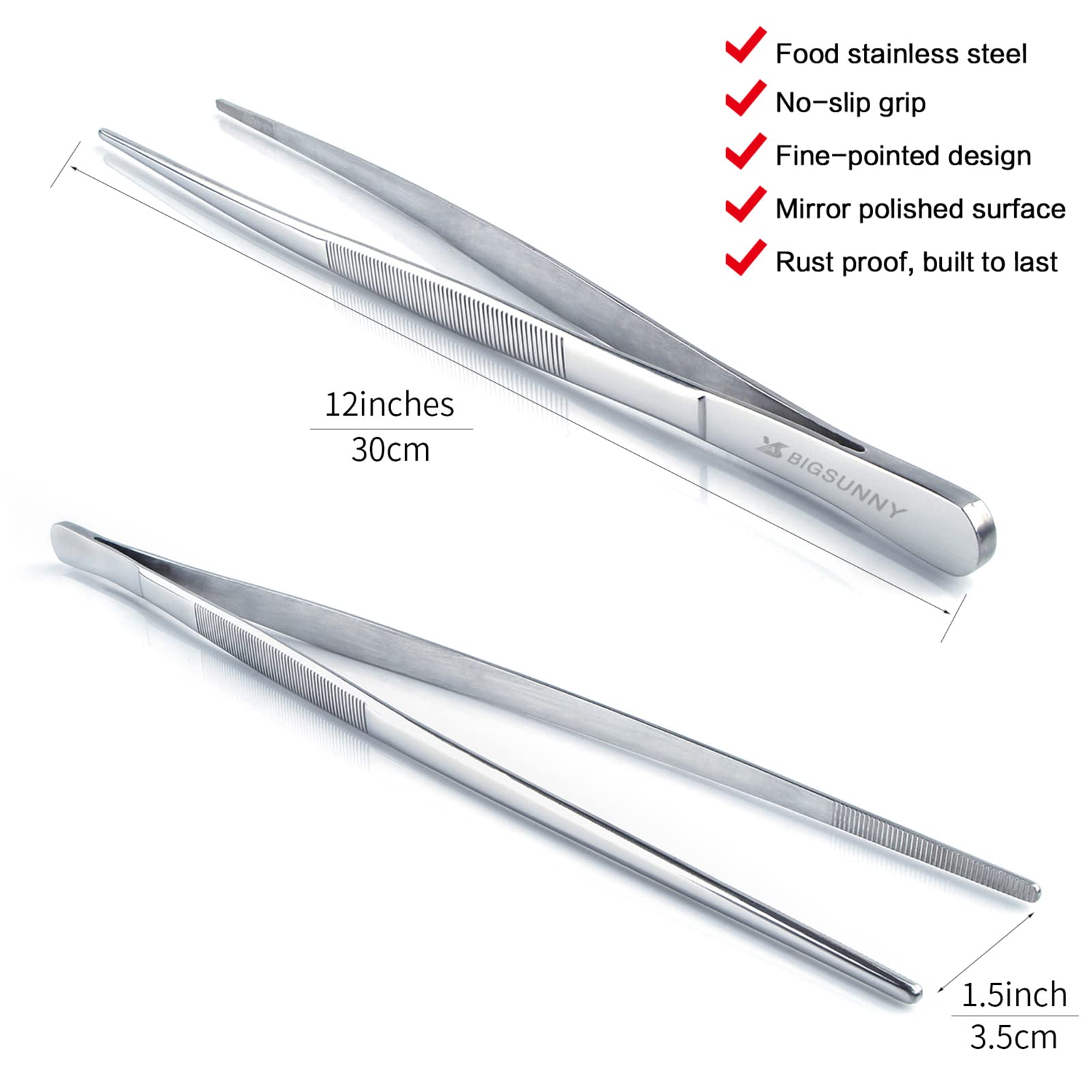 Msy Bigsunny Set Of 2 Kitchen Tweezers Fine Tweezer Tongs 12 Inch Stainless Steel Food Tweezer, Precision Serrated Tips Food Ton