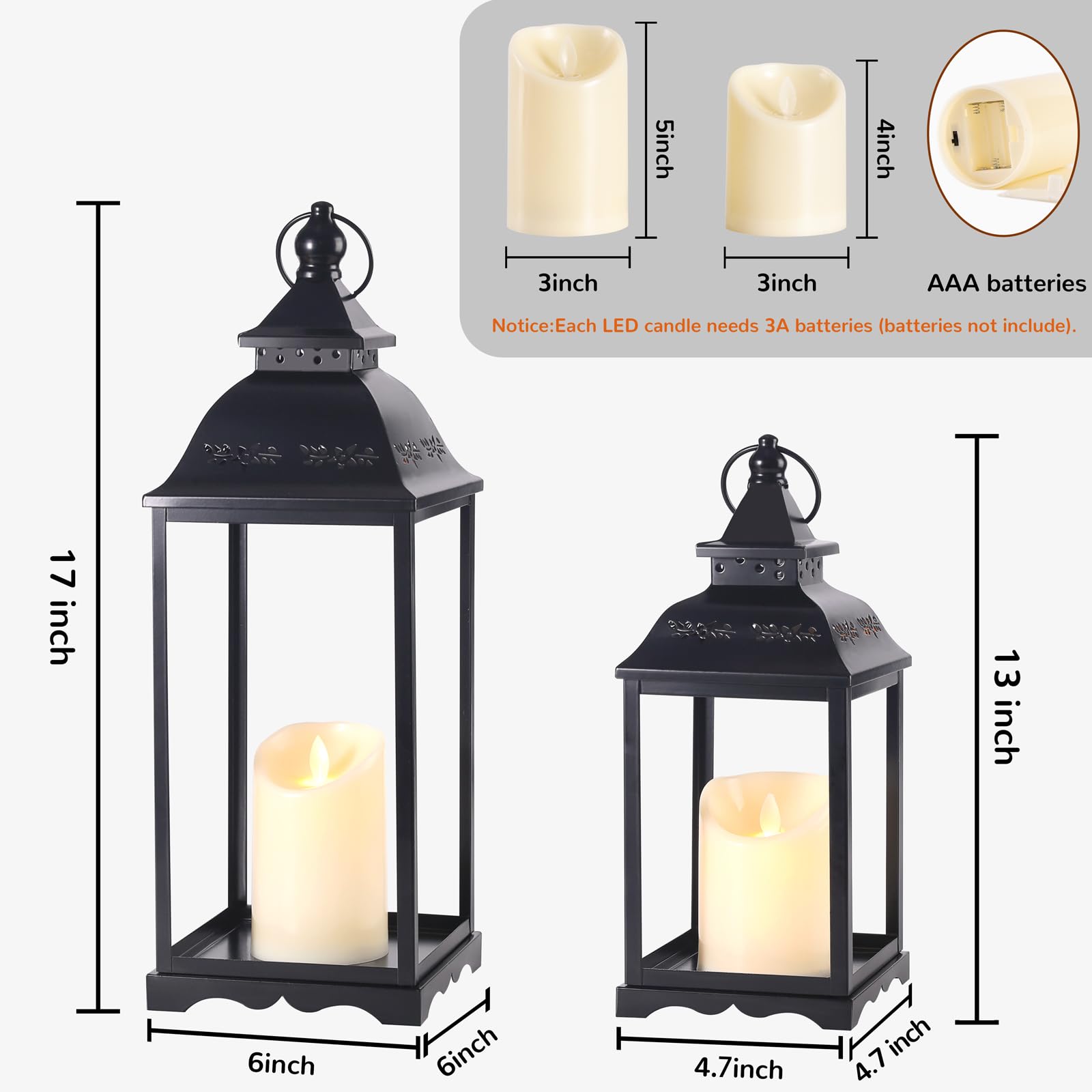 HAVITI 2 Pack Outdoor Lantern for Porch, Black Decorative Farmhouse Lanterns Indoor, 17   12   Lantern (no Glass) with 2PCS LED