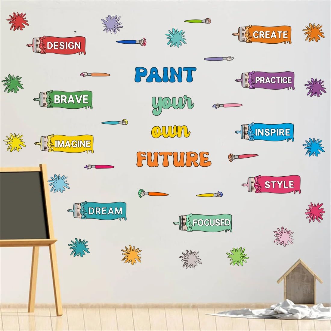 Yimehdan Colorful Paintbrush With Paint Splatter Wall Decal, Paint Your Own Future Inspirational Quote Vinyl Wall Stickers, Remo