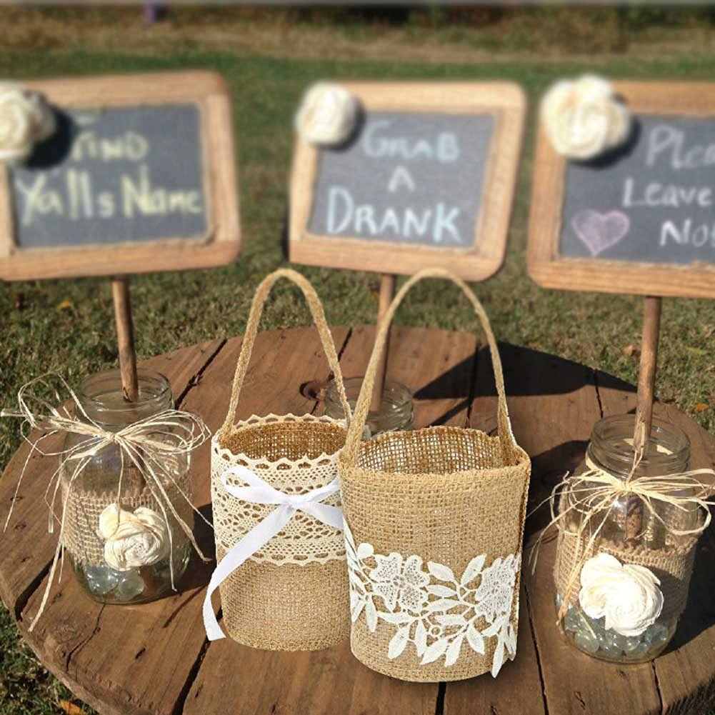 2 Pcs Burlap Flower Basket Wedding Candy Gift Basket For Wedding Ceremony Party Christmas