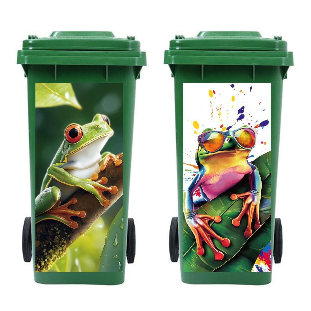 Peacoblue Wheelie Bin Stickers 2 Sheets Tree Frog Sticky Dustbin Stickers Decals, 15 x 32 Waterproof Large Wraps for Trash Cans 